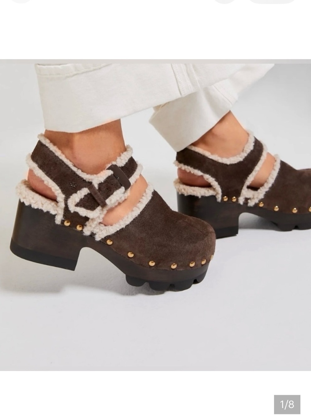 Tory Burch Brown Suede Shearling-Trim Lug Clogs